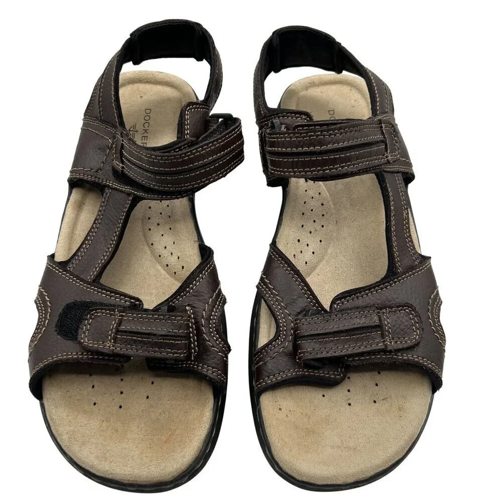 DOCKERS Mens 12M Brown Leather Comfort Sports Sandals Ankle Straps Hiking Shoes